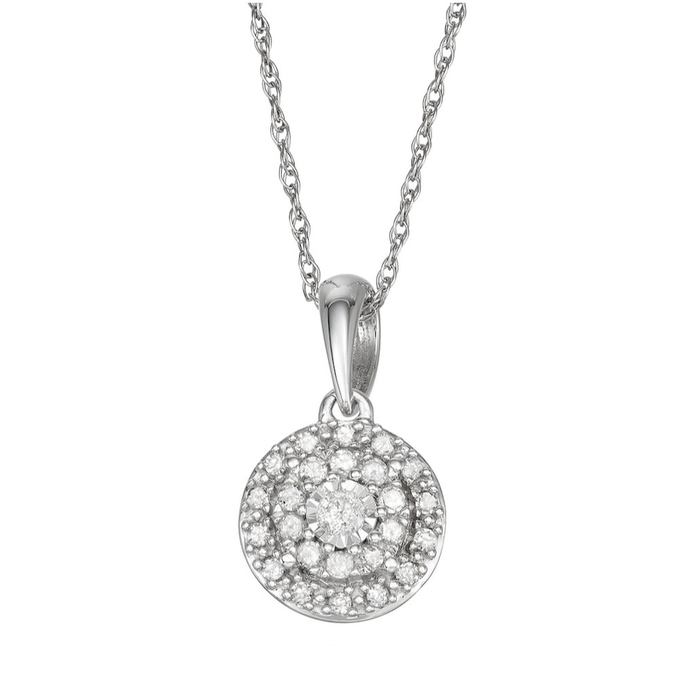 NWT 14k White Gold 1/7 Carat T.W. Diamond Necklace Halo Pendant Rope Chain
